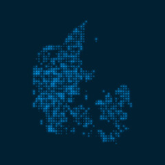 Denmark dotted glowing map. Shape of the country with blue bright bulbs. Vector illustration.