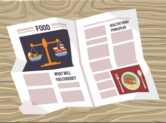 Vintage newspaper of healthy food. News articles newsprint magazine old design. Printing text in preess. Brochure newspaper pages with headline of food menu. Paper retro journal vector grunge template