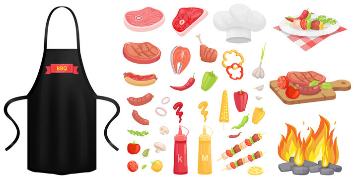 Protective garment for cooking near food icons. Safety clothing for barbecue cookery. Apparel for grilling. Apron with barbecue restaurant logo image. Apron for cooking and protection of clothes