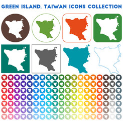 Green Island, Taiwan icons collection. Bright colourful trendy map icons. Modern Green Island, Taiwan badge with island map. Vector illustration.