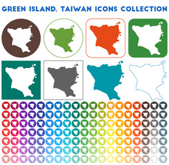 Green Island, Taiwan icons collection. Bright colorful trendy map icons. Modern Green Island, Taiwan badge with island map. Vector illustration.