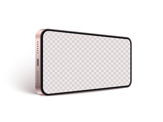 Fototapeta premium Realistic phone mockup in perspective view. Gold smartphone with transparent screen to show your app or web design presentation. Horizontal glass mobile in 3d style isolated on white background.