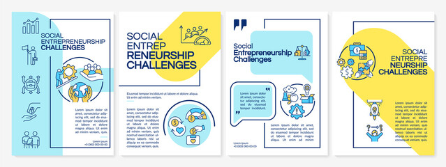 Fototapeta na wymiar Social entrepreneurship challenges blue, yellow brochure template. Flyer, booklet, leaflet print, cover design with linear icons. Vector layouts for presentation, annual reports, advertisement pages