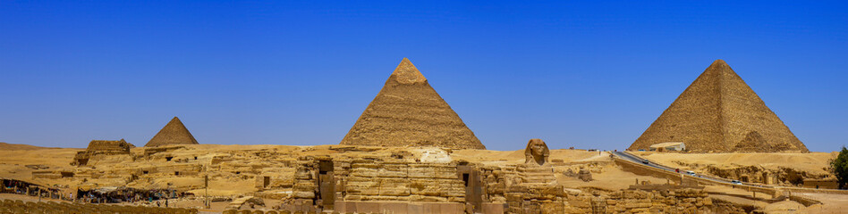 Panorama of the great pyramids and Sphinx monument, Giza, Cairo, Egypt