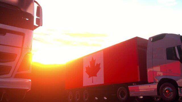 Cargo trucks with Canada flag. Trucks from Canada loading or unloading at warehouse dock