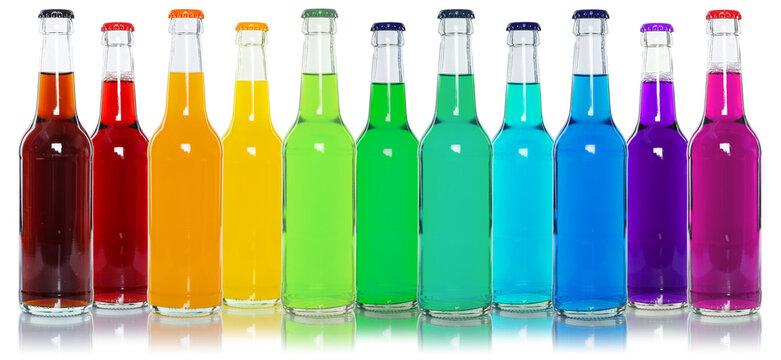 Drinks lemonade cola drink many softdrinks bottles in a row isolated on white