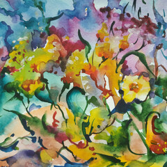 Abstract bright colored decorative background . Floral pattern handmade . Beautiful tender romantic bouquet of summer  flowers , made in the technique of watercolors from nature.