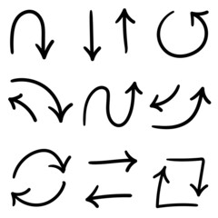 Hand drawn arrow black icon set. Isolated Hand-drawn line arrows icons on white background. Arrow pointer mark: rotate, curve, wave. Pen drawn arrow. Vector illustration.