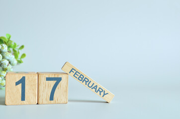 February 17, Calendar cover design with number cube with green fruit on blue background.