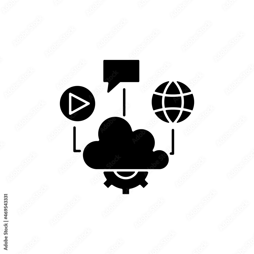 Sticker cloud computing black glyph icon. files storage and sharing. computing services delivering. virtual 