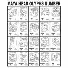 Vector icon set with Mayan numerals. Mayan head glyphs and maya numbers  