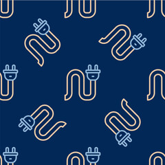 Line Electric plug icon isolated seamless pattern on blue background. Concept of connection and disconnection of the electricity. Vector