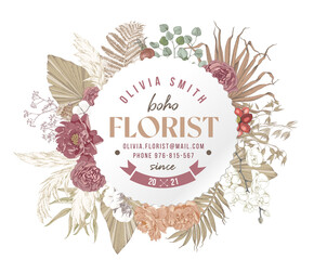 Florist label in boho style with dried flowers