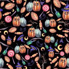 Halloween party pattern made of pumpkins, poison, sweets, leaves, moon, panama hats, horror stories.For fabrics, for printing brochures, posters, parties, vintage textile design, postcards, packaging.