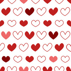 Red hearts seamless pattern. White Valentins day background with love symbols. Vector hand drawn illustration