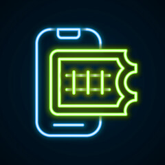 Glowing neon line Online ticket booking and buying app interface icon isolated on black background. E-tickets ordering. Electronic train ticket on screen. Colorful outline concept. Vector