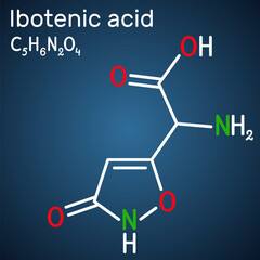 Ibotenic acid psychoactive drug molecule. It is non-proteinogenic alpha-amino acid, neurotoxin. Is found in AMANITA mushrooms. Structural chemical formula on the dark blue background