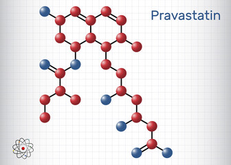 Pravastatin molecule. Statin, anticholesteremic drug, used to lower lipid levels, to reduce the risk of myocardial infarction, stroke. Molecule model. Sheet of paper in a cage