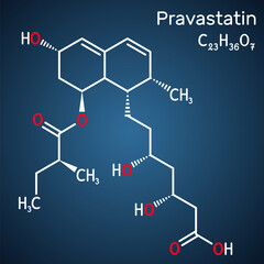 Pravastatin molecule. Statin, anticholesteremic drug, used to lower lipid levels, to reduce the risk of myocardial infarction, stroke. Structural chemical formula on the dark blue background