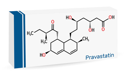 Pravastatin molecule. Statin, anticholesteremic drug, used to lower lipid levels, to reduce the risk of myocardial infarction, stroke. Skeletal chemical formula. Paper packaging for drugs