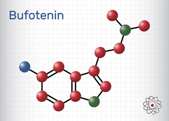 Bufotenin, 5-HO-DMT, bufotenine molecule. It is alkaloid, tryptamine derivative, hallucinogenic serotonin analog, found in toad skins, mushrooms. Sheet of paper in a cage