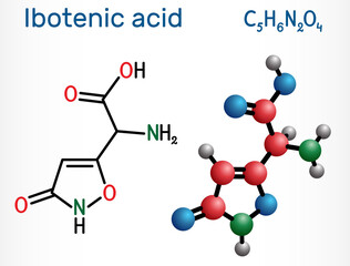 Ibotenic acid psychoactive drug molecule. It is non-proteinogenic alpha-amino acid, neurotoxin. Is found in AMANITA mushrooms. Structural chemical formula, molecule model