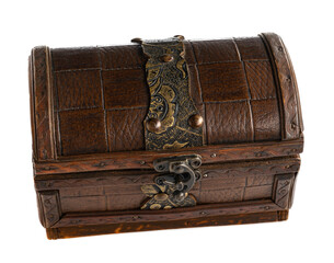 Vintage wood treasure box have lock beside isolated on white background