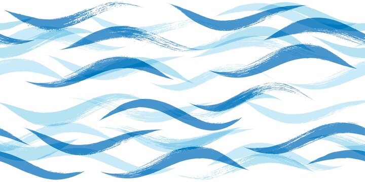 Seamless Wave Pattern, Hand drawn water sea vector background. Watercolor wavy beach brush stroke, curly grunge paint lines, modern design
