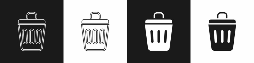 Set Trash can icon isolated on black and white background. Garbage bin sign. Recycle basket icon. Office trash icon. Vector