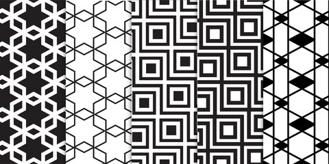 Set of black and white geometric and abstract lines shapes stripes patterns 
