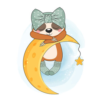 recommend clip art: Cute baby sloth sleeping on the moon. Vector illustration.