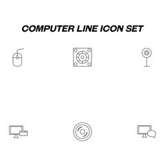 Computer line icon set drawed with thin line. Vector outline symbols of system block, computer mouse, web camera, cd disc, online payment, chat