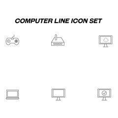 Computer line icon set drawed with thin line. Vector outline symbols of joystick, router, cloud storage, computer, laptop, check mark on computer screen