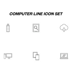 Computer line icon set drawed with thin line. Vector outline symbols of compact flash card, online search, cloud storage, computer and system block, smartphone, tablet