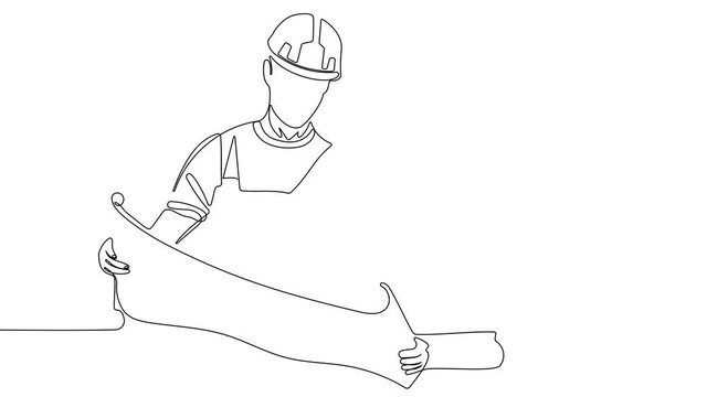 4k animated self drawing of continuous line draw building foreman controlling workman work at construction site. Handyman house renovation service concept. Full length single line animation 