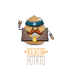 vector rock star potato funny cartoon cute character with bandana, leather jacket, sunglasses and moustache isolated on white background. rock n roll hipster vegetable funky character