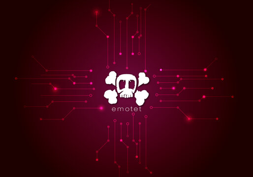 emotet computer virus on a dark background with a skull