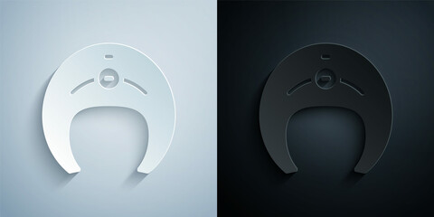 Paper cut Fish steak icon isolated on grey and black background. Paper art style. Vector