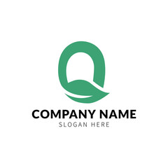 green company logo, Leaf logo concept curved from the top resembling the letter Q. Leaf symbol of vegetarianism, bio, nature, vegan.