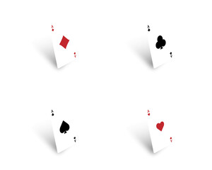 Four aces of different suits casting a shadow isolated on white background. 3d symbols for poster, flyer or banner design. Vector illustration