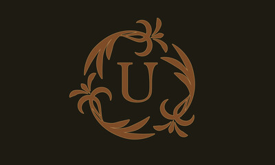 Decorative floral pattern. Luxurious elegant frame and the letter U in the center. Heraldic symbols. Exclusive calligraphic design elements identical to business sign, identity for hotel, restaurant, 