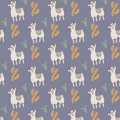 Cute lama with cactuses seamless pattern. Vector illustration of a baby and children. Child drawing style alpaca. Design for fabric, wallpaper, textiles and decor.