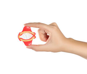 Woman holding condom with applicator on white background, closeup
