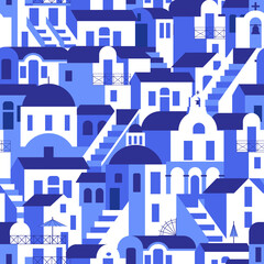 Seamless pattern with blue-white houses, mill, church, arch, steps. Vector illustration in flat style for touristic industry. - obrazy, fototapety, plakaty