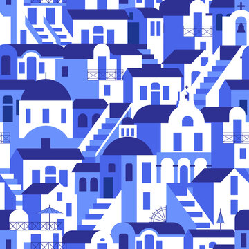 Seamless pattern with blue-white houses, mill, church, arch, steps. Vector illustration in flat style for touristic industry.
