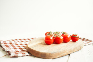 Ingredients wooden board cherry tomatoes organic wood background