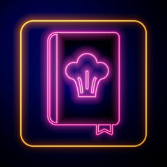 Glowing neon Cookbook icon isolated on black background. Cooking book icon. Recipe book. Fork and knife icons. Cutlery symbol. Vector