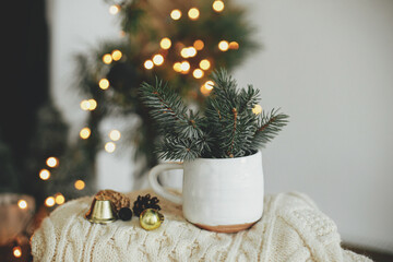 Merry Christmas! Stylish cup with fir branches on cozy sweater on background of warm lights in festive scandinavian room. Magic winter time. Atmospheric hygge home. Happy Holidays!