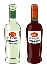 Dry and Sweet Vermouth in a bottle. Doodle cartoon hipster style vector illustration isolated on white background. Good for party card, posters, bar menu or alcohol cook book recipe
