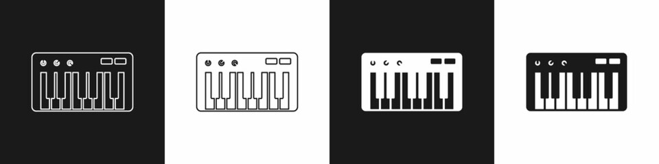Set Music synthesizer icon isolated on black and white background. Electronic piano. Vector